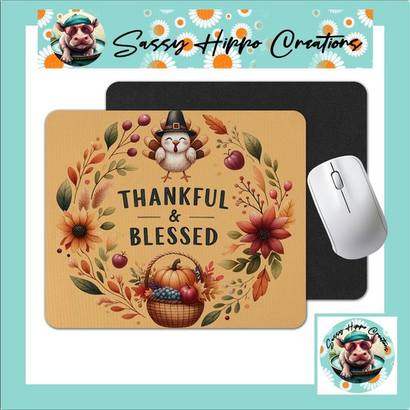 Mouse Pad Thankful and Blessed Turkey Thanksgiving Pumpkin Sublimated Anti Slip - Picture 1 of 4